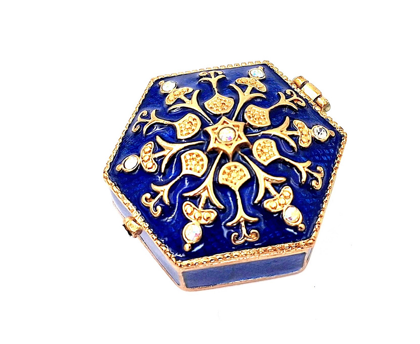 Elegant metalen geschenkdoosje met kristalletjes B0035-08BL in marineblauw-gouden kleurstelling met mogelijkheid tot personalisatie door gravure