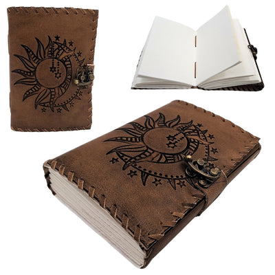 Retro leren notitieboek Zon en Maan 200 pagina's met mogelijkheid tot personalisatie door gravure, beige-bruin, ideaal als cadeau voor een kunstenaar of liefhebber van de magie van alledag