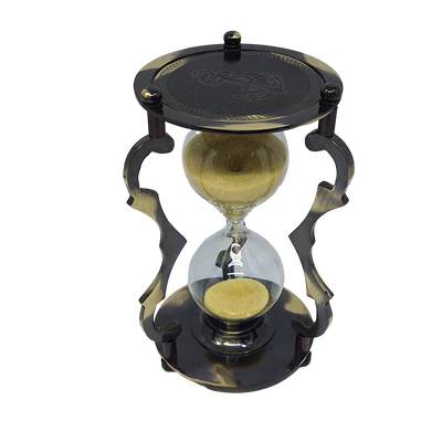 Elegante antieke messing zandloper 5 min met gravure