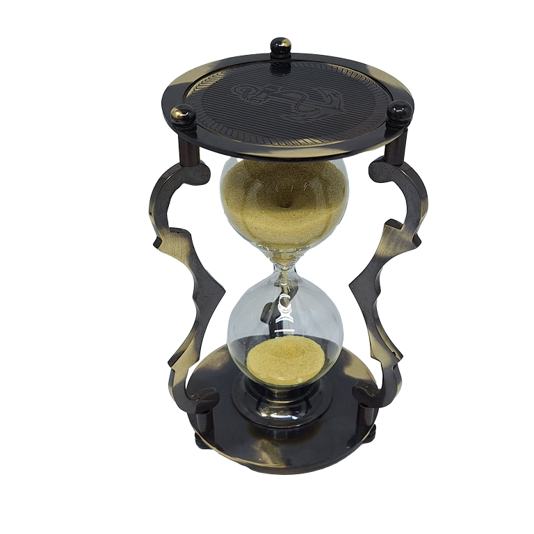 Elegante antieke messing zandloper 5 min met gravure