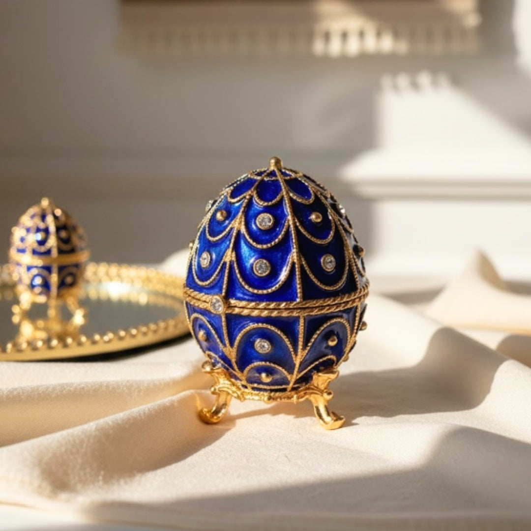Exclusief metalen doosje met kristalletjes in de vorm van een Fabergé-ei, marineblauw-goud, 5,5x6,5cm met mogelijkheid tot personalisatie door gravure
