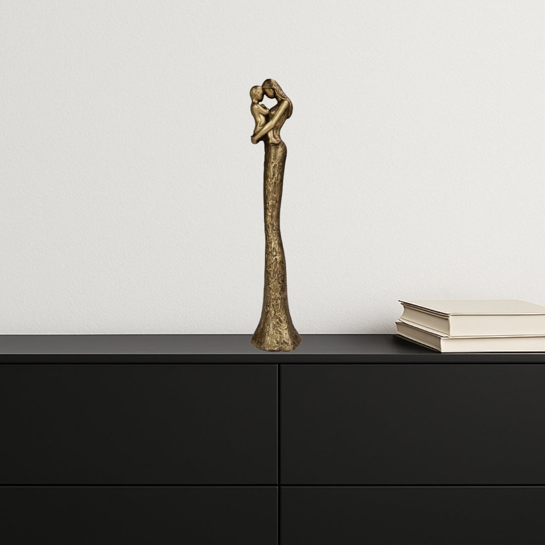 Modern beeldje moeder met kind in goud met gepersonaliseerde gravure - Hoogte 27 cm - Ideaal cadeau voor Moederdag, verjaardag of housewarming - Glamourstijl met zwarte elementen - Polyresin