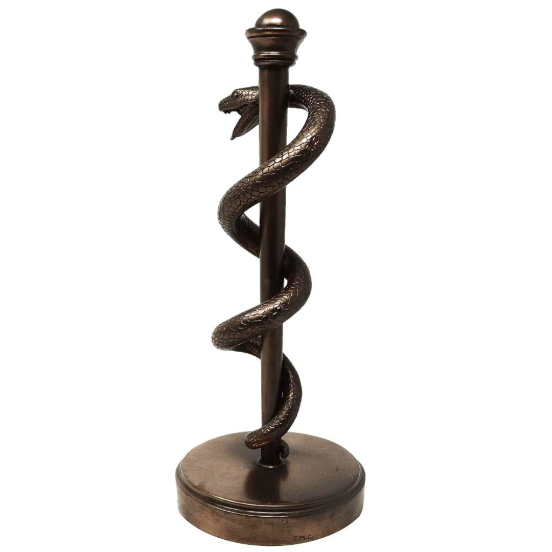 Beeldje van de Staf van Asklepios 30 cm van hars - gepersonaliseerd cadeau voor een arts, verpleegkundige of apotheker - bronzen/messingkleurige decoratie met gravure