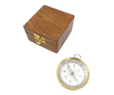 Messing kompas in een houten doos met mogelijkheid tot personalisatie met gravure - elegant cadeau voor liefhebbers van maritieme stijl, diameter 7,5 cm, hoogte 1,5 cm