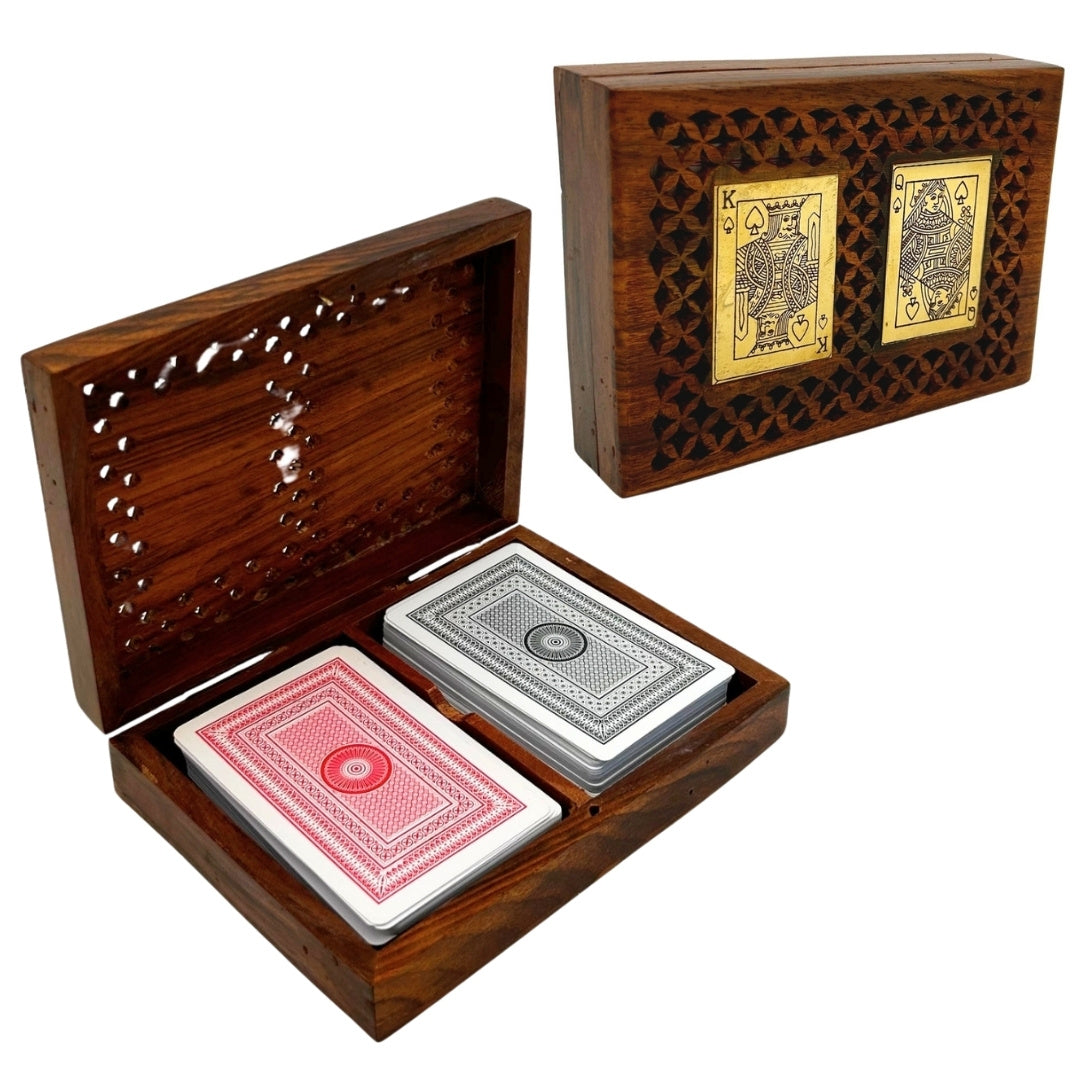 Elegante set van twee kaartspellen in houten doos met personalisatiemogelijkheid door gravure