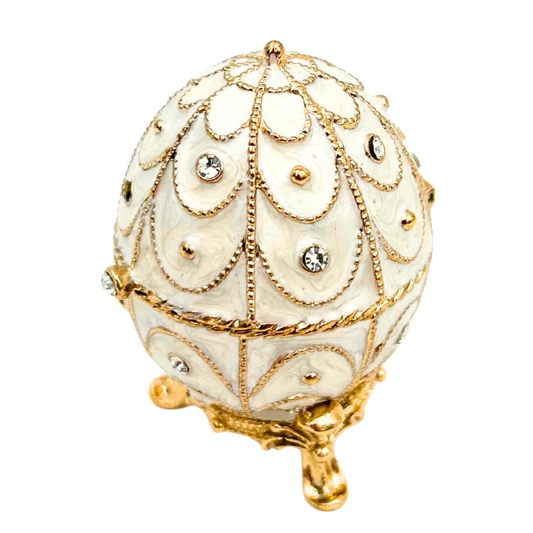Exclusief metalen Fabergé-ei-sieradendoosje met kristalletjes in wit-goud met mogelijkheid tot personalisatie met gravure
