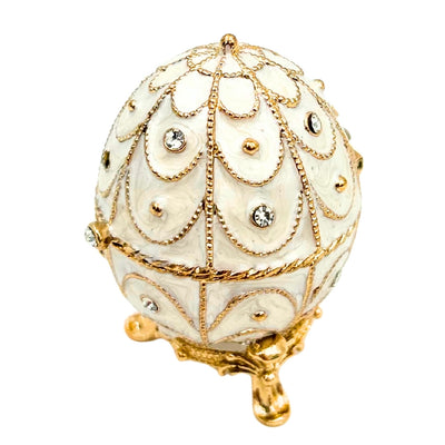 Exclusief metalen Fabergé-ei-sieradendoosje met kristalletjes in wit-goud met mogelijkheid tot personalisatie met gravure