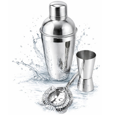 Barmanset Steel 3-delig met mogelijkheid tot personalisatie met gravure - shaker 750 ml, jigger 15/30 ml, strainer - elegant cadeau voor cocktailliefhebbers, roestvrij staal, zilverkleurig