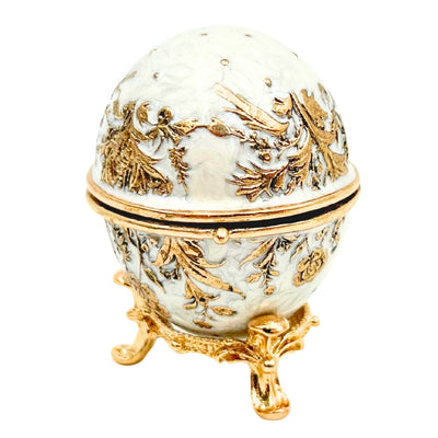 Exclusief metalen Fabergé-ei-sieradendoosje met kristalletjes in wit-gouden kleur met mogelijkheid tot personalisatie met gravure
