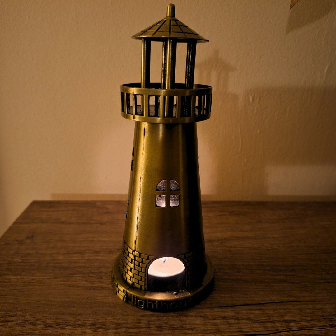 Vuurtoren-theelichthouder 18,5 cm in antiek goud met graveeroptie