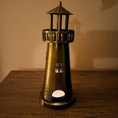 Vuurtoren-theelichthouder 18,5 cm in antiek goud met graveeroptie