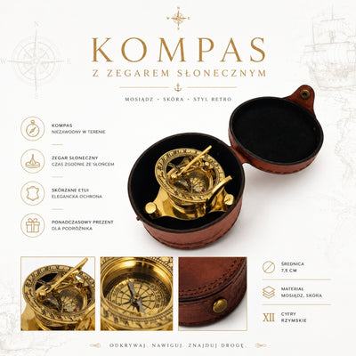 Messing kompas met zonnewijzer in leren etui met mogelijkheid tot personalisatie met gravure