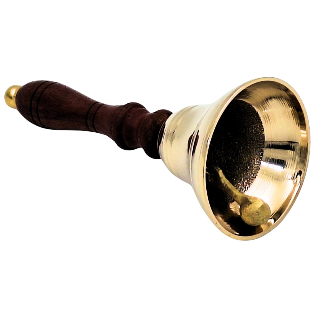 Messing handbel met houten handvat in retrostijl – gepersonaliseerde gravure, ideaal als cadeau – hoogte 16 cm, diameter 7,5 cm, goudkleurig en bruin