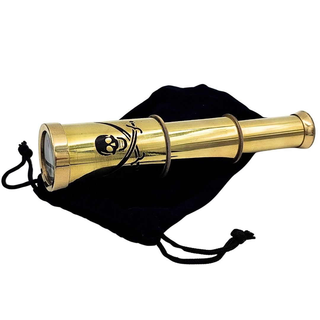 Piratenkijker met embleem – inklapbare messing verrekijker met gravure – ideaal cadeau voor een jonge zeeontdekker – hoogte 15 cm, set met fluwelen zakje