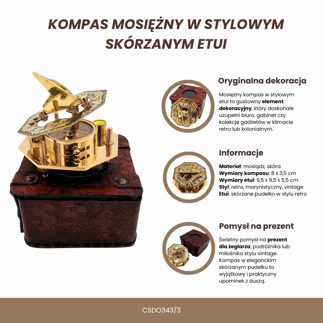 Messing kompas in stijlvolle leren doos met graveermogelijkheid – retro vintage cadeau voor reiziger, zeiler - 8 cm hoog, elegant messing design