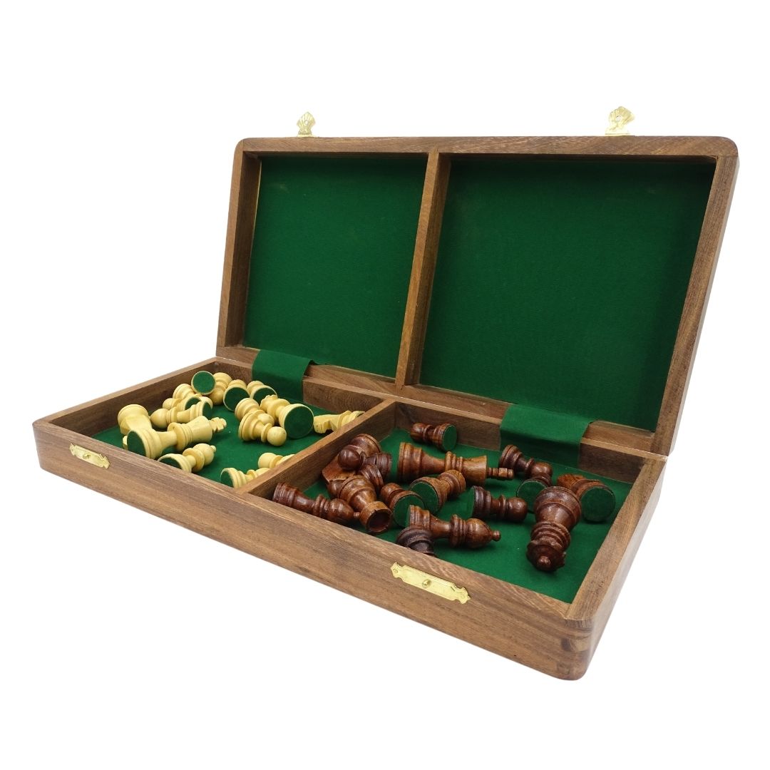 Houten schaakspel 40x40 cm met gravure - Opvouwbaar schaakbord van Indisch palissander in bruin-beige kleur