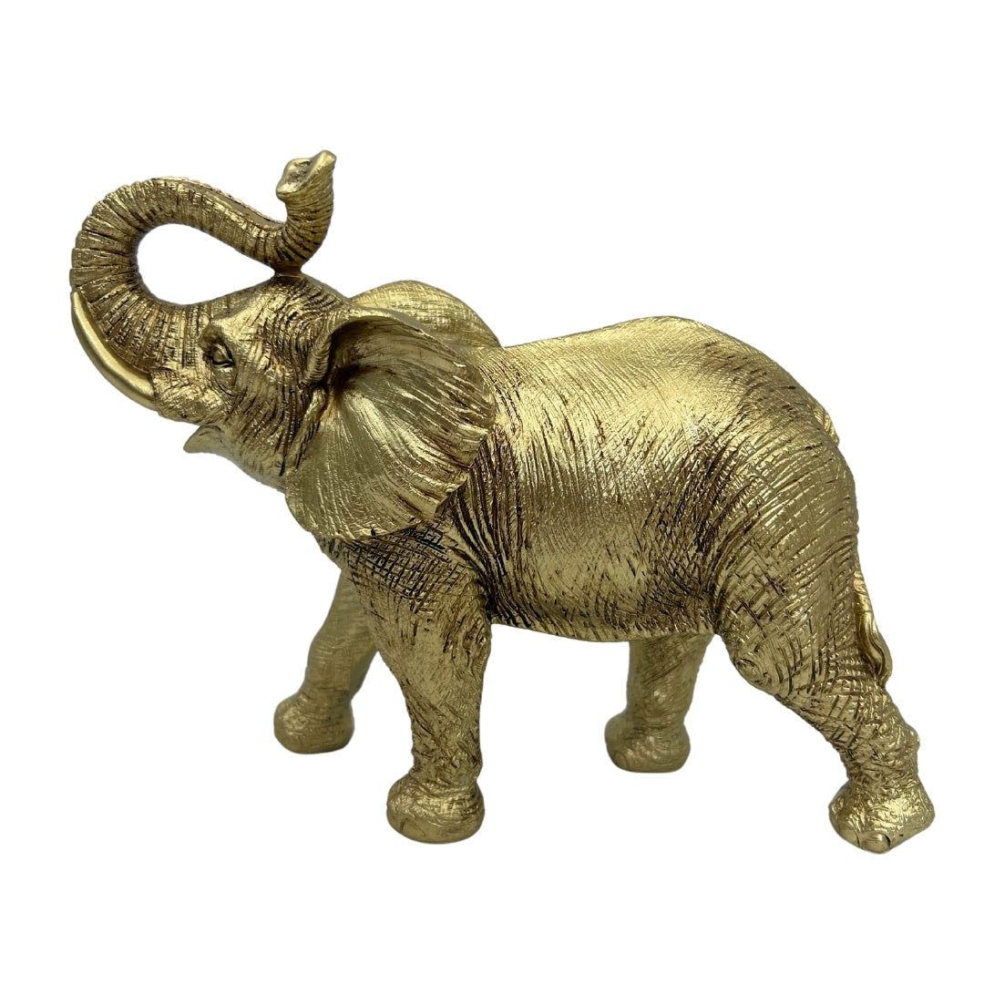Gouden olifant met opgeheven slurf - Elegant decoratief beeldje met mogelijkheid tot personalisatie met gravure, ideaal als cadeau - Hoogte 20,5 cm, materiaal polyresin