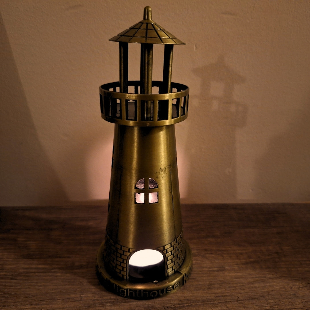 Vuurtoren-theelichthouder 18,5 cm in antiek goud met graveeroptie