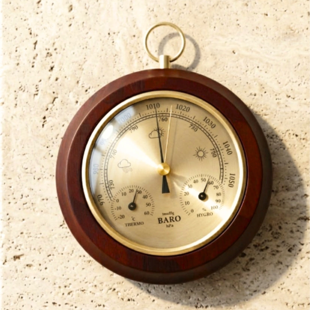 3-in-1 weerstation YG386 met gravure - elegante thermometer, barometer en hygrometer in ronde houten behuizing