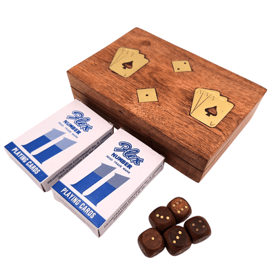 Elegante kaart- en dobbelspellenset in houten doos met messing versieringen