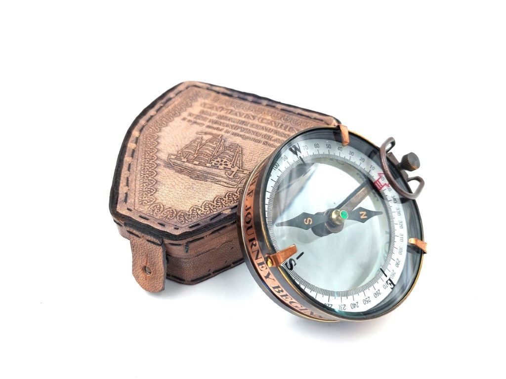 Wandelaarskompas met gepersonaliseerde gravure in leren etui - messing retro gadget als cadeau, 9,25 cm met inspirerende tekst