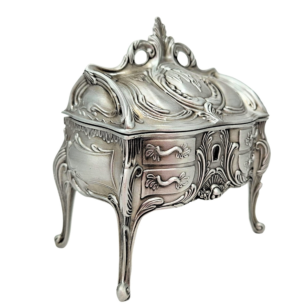 Metalen zilveren retro sieradendoosje 2056M met graveermogelijkheid - elegant cadeau voor Moederdag of verjaardag, afmetingen 9,7 x 10 x 6,7 cm, rococostijl met florale ornamenten
