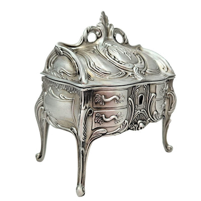 Metalen zilveren retro sieradendoosje 2056M met graveermogelijkheid - elegant cadeau voor Moederdag of verjaardag, afmetingen 9,7 x 10 x 6,7 cm, rococostijl met florale ornamenten