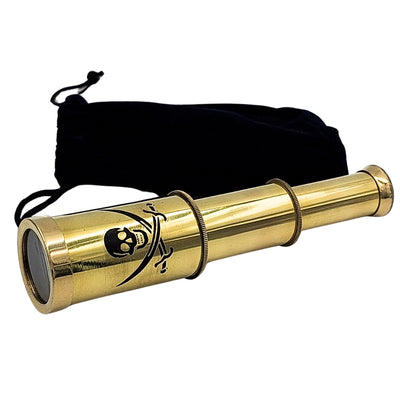 Piratenkijker met embleem – inklapbare messing verrekijker met gravure – ideaal cadeau voor een jonge zeeontdekker – hoogte 15 cm, set met fluwelen zakje