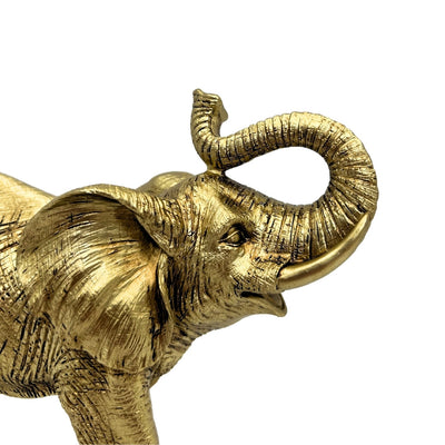 Gouden olifant met opgeheven slurf - Elegant decoratief beeldje met mogelijkheid tot personalisatie met gravure, ideaal als cadeau - Hoogte 20,5 cm, materiaal polyresin