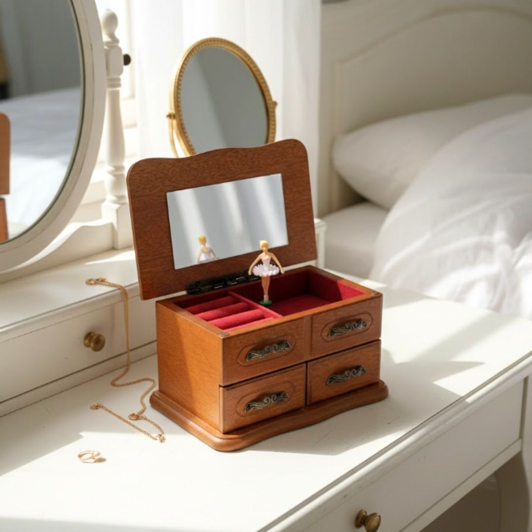 Houten speeldoos-sieradendoosje met spiegeltje en gravure - elegant cadeau voor sieraden met twee laatjes, hoogte 10cm, melodie "The Entertainer