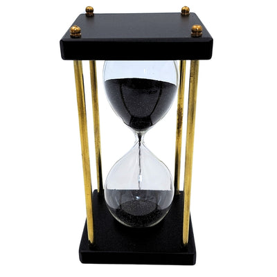 Messing-houten zandloper 5 minuten met zwart zand met mogelijkheid tot personalisatie met gravure – elegante retrodecoratie als cadeau met een hoogte van 16 cm