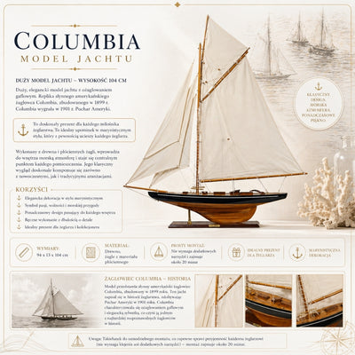 Model van het jacht Columbia met gaffeltuigage, hoogte 104 cm, houten, met mogelijkheid tot personalisatie door gravure