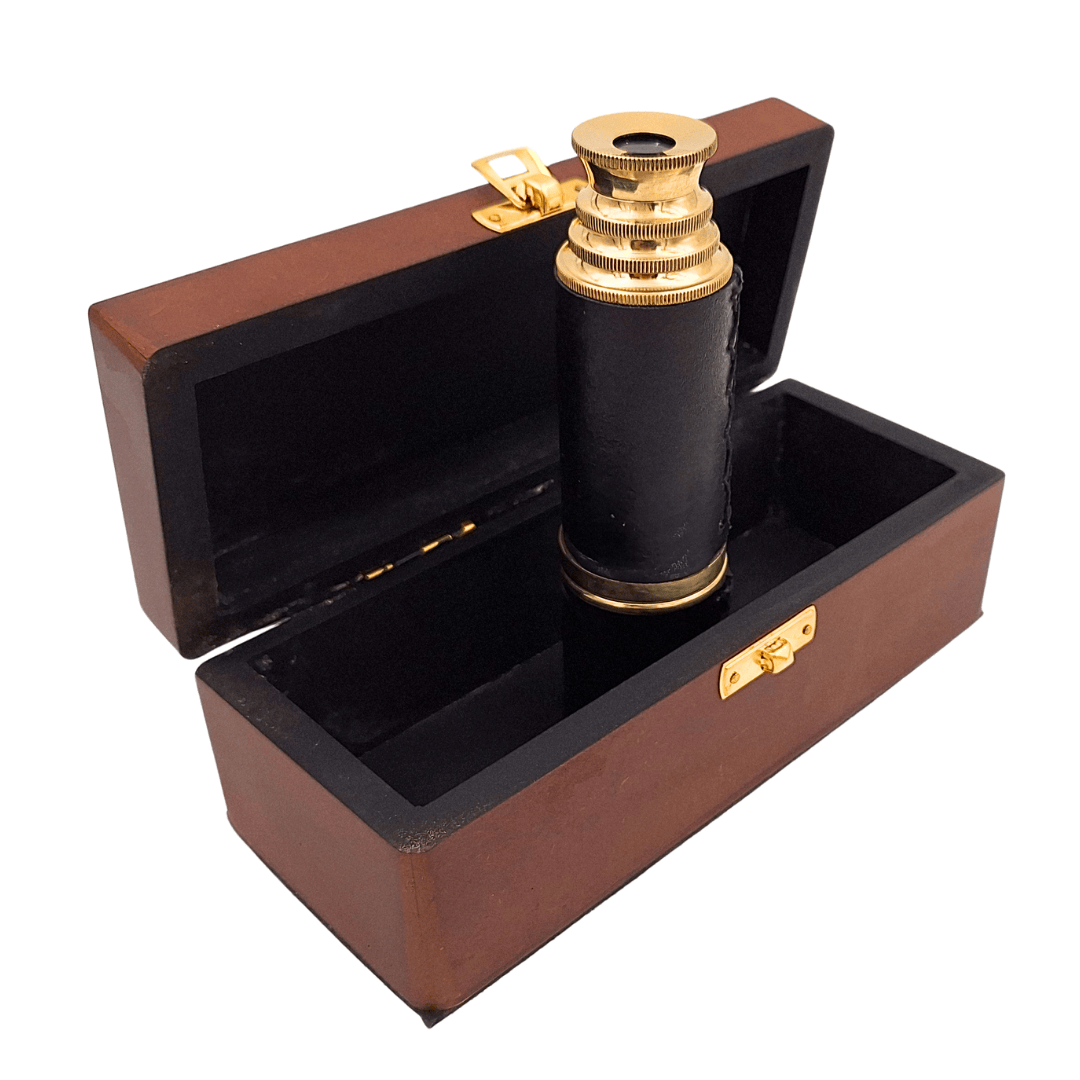 Messing-lederen telescoop in een houten doos – HT01