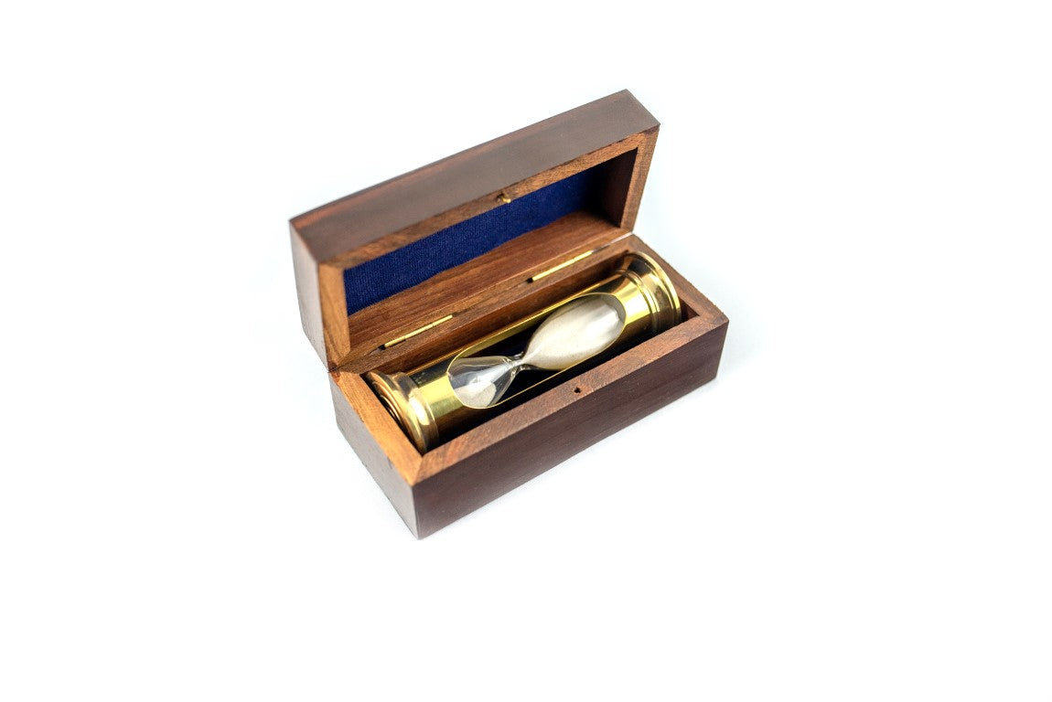 Zandloper ROUND STP99 in houten doos met mogelijkheid tot personalisatie met gravure, messing, goudkleurig, 3 minuten, ideaal cadeau voor RPG-liefhebbers en Guinness-recordhouders