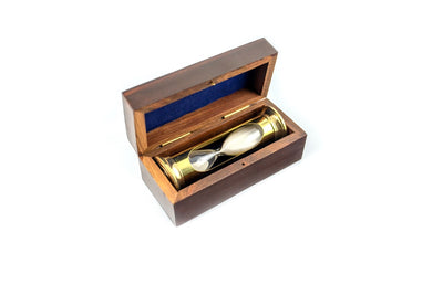 Zandloper ROUND STP99 in houten doos met mogelijkheid tot personalisatie met gravure, messing, goudkleurig, 3 minuten, ideaal cadeau voor RPG-liefhebbers en Guinness-recordhouders