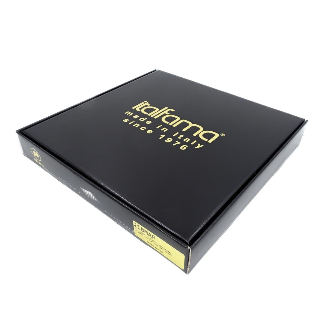 Exclusieve metalen schaakset Italfama 28x28 cm met mogelijkheid tot personalisatie met gravure, bruin-zwart schaakbord, goud- en zilverkleurige stukken