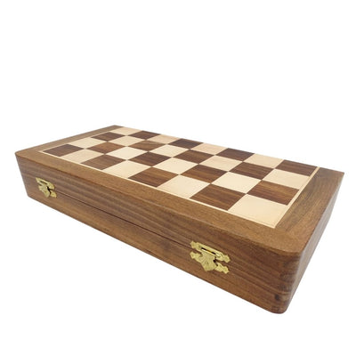 Houten schaakspel 40x40 cm met gravure - Opvouwbaar schaakbord van Indisch palissander in bruin-beige kleur