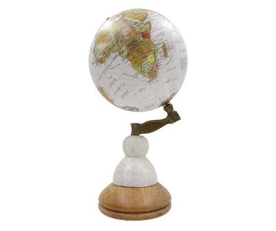 Decoratieve wereldbol Voyager op een marmer-houten voet met optie voor personalisatie van de gravure – elegant cadeau voor reisliefhebbers, hoogte 32 cm, diameter 15,5 cm, witte kaart met kleurrijke continenten
