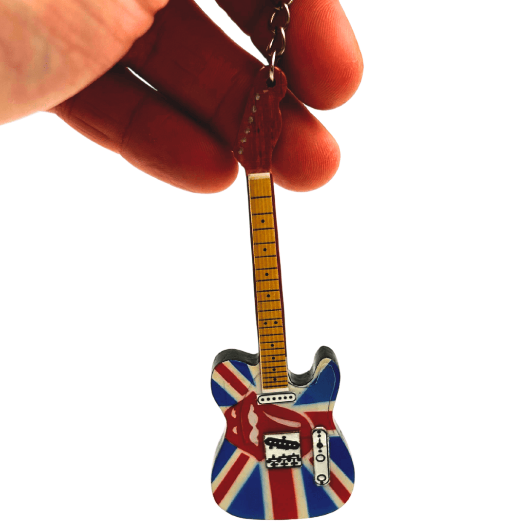 Sleutelhanger Houten Gitaar The Rolling Stones met gravure - gepersonaliseerd cadeau van mahonie, rood, 6x11 cm