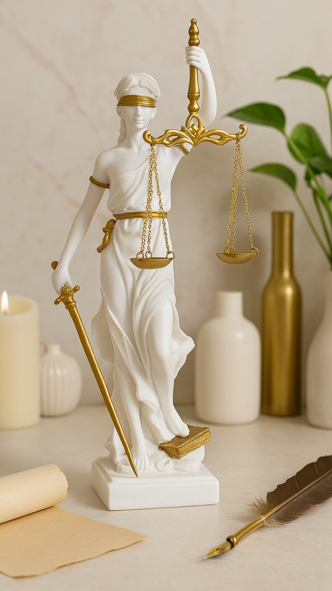 Beeldje van Vrouwe Justitia met mogelijkheid tot personalisatie met gravure - elegant cadeau voor een advocaat, rechter of rechtenstudent, wit met gouden accenten, hoogte 35 cm, handbeschilderd van polyresin