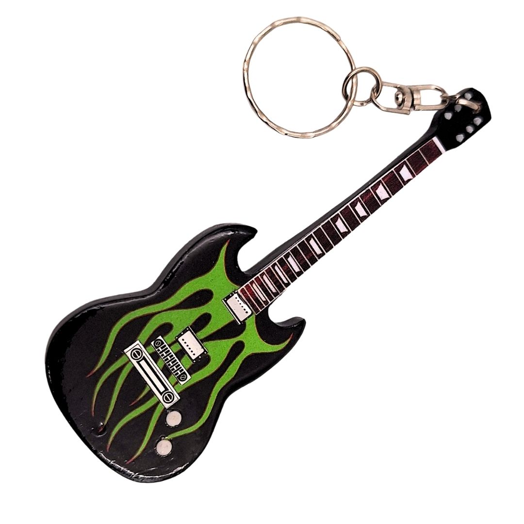 Houten Metallica Grynch-gitaarsleutelhanger met mogelijkheid tot personalisatie met gravure - ideaal cadeau voor fans van James Hetfield, gemaakt van mahoniehout, kleuren: zwart, groen, bruin, afmetingen 6 x 10 x 0,5 cm