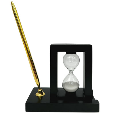 Decoratieve bureauset met zandloper 3 minuten en penhouder met gravure