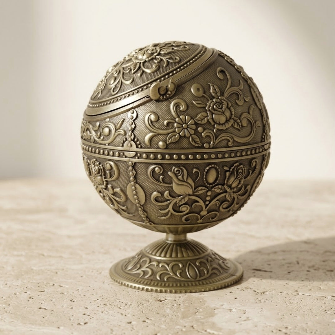 Elegante metalen asbak in bolvorm met gravure