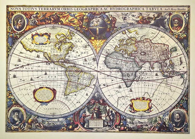 Wereldkaart 1630 - J. Hondius-reprint met mogelijkheid tot personalisatie met gravure