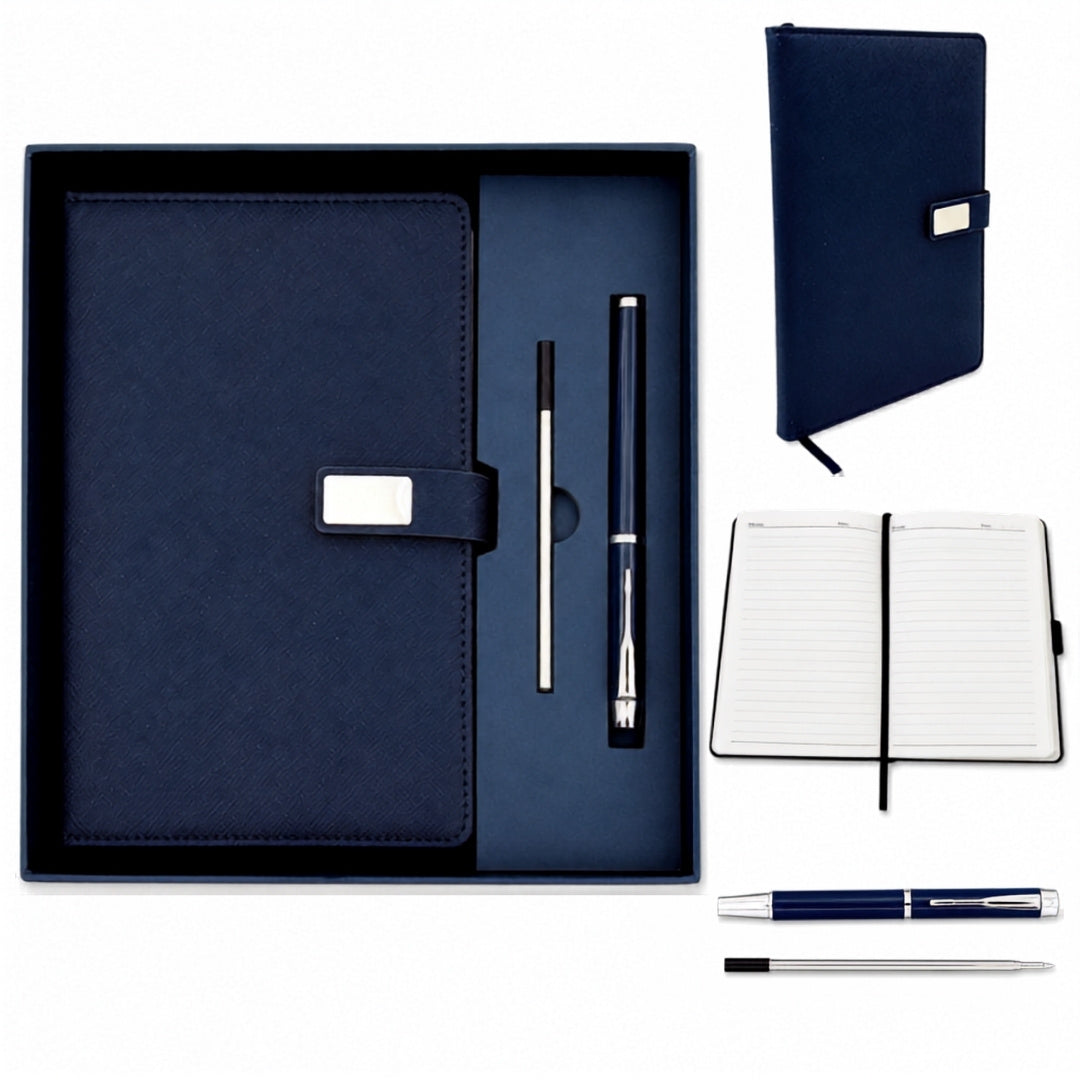 Elegante geschenkset marineblauw leren notitieboek A5 met pen in geschenkdoos - EE13