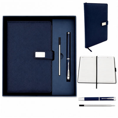 Elegant marineblauw leren notitieboek A5 met pen en gepersonaliseerde gravure in geschenkdoos