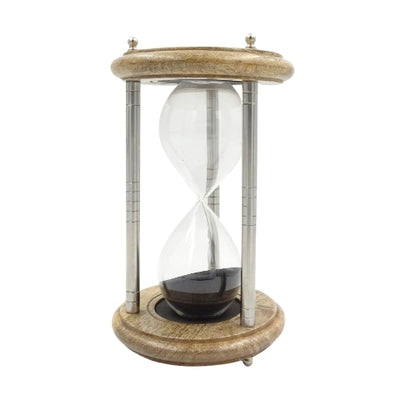 Messing-houten zandloper 10 min met gravure - elegant cadeau in zwart, hoogte 25 cm, gemaakt van metaal, glas en mangohout