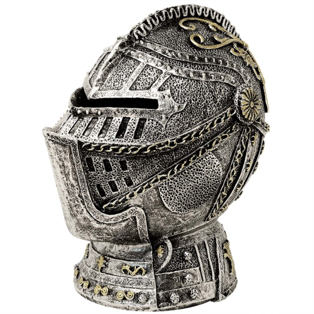 Decoratieve spaarpot ridderhelm met gravure - verouderd zilver, 13 cm