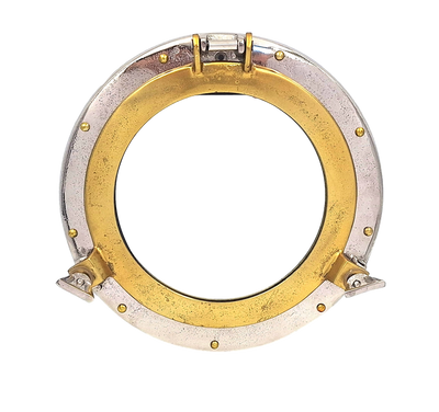 Patrijspoortspiegel met een diameter van 28 cm met metalen omlijsting in zilver- of goudkleur met mogelijkheid tot personalisatie door gravure