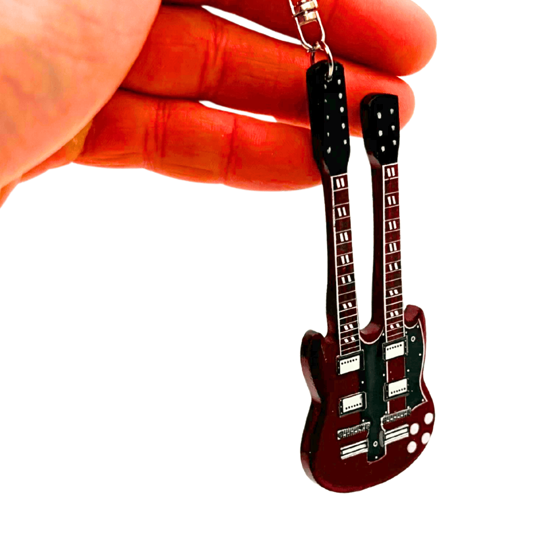 Sleutelhanger Gitaar Led Zeppelin - Jimmy Page - Gepersonaliseerde gravure - Rood mahonie - Ideaal cadeau voor gitarist en rockfan - Afmetingen 6 x 11 x 0,5 cm